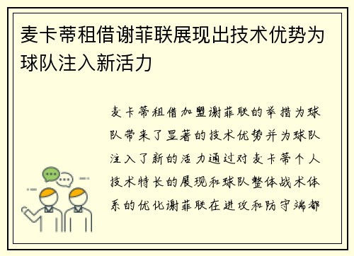 麦卡蒂租借谢菲联展现出技术优势为球队注入新活力